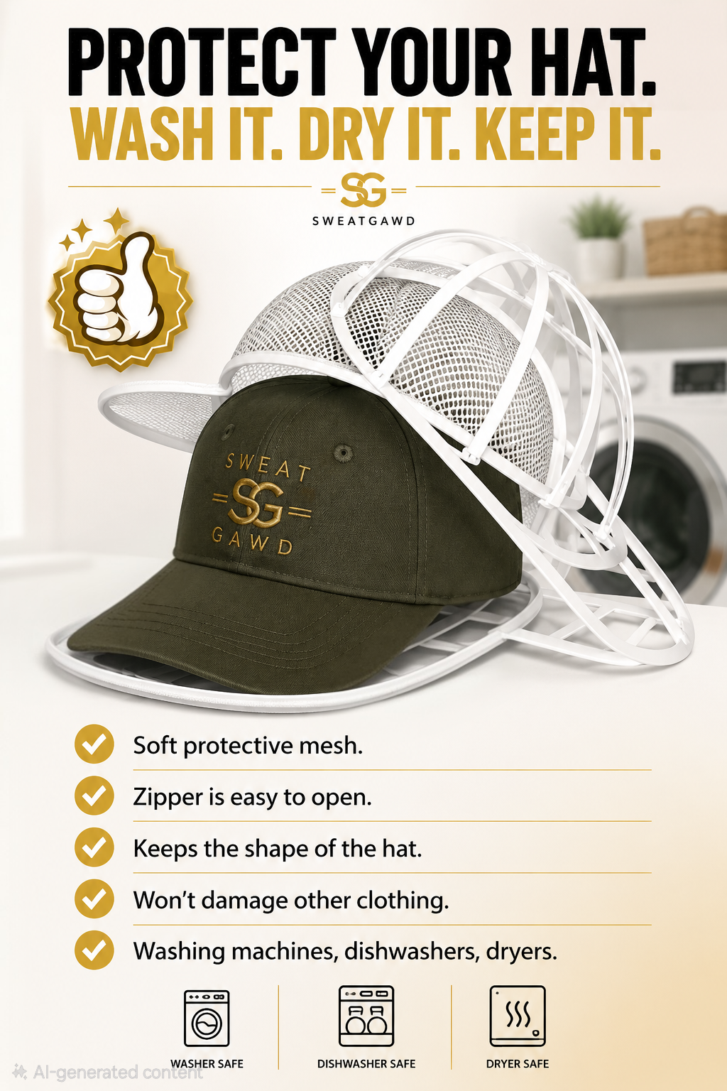 Hat Washer Cage, Snap-Lock Design, Foldable & Portable for Washing Machine Dryer Dishwasher